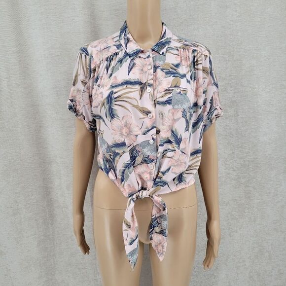 American Eagle Tie Front Tropical Button Down Blouse Cropped Women's Small - Picture 1 of 14